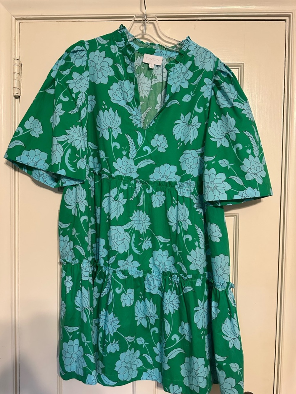 Sugar Lips Green Floral Tiered Mini Dress with Blue Blossoms